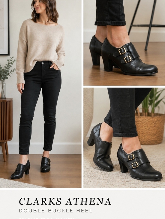 Clarks Shoes - Clarks Athena Black Leather Double Buckle Heels Pumps Size 8M